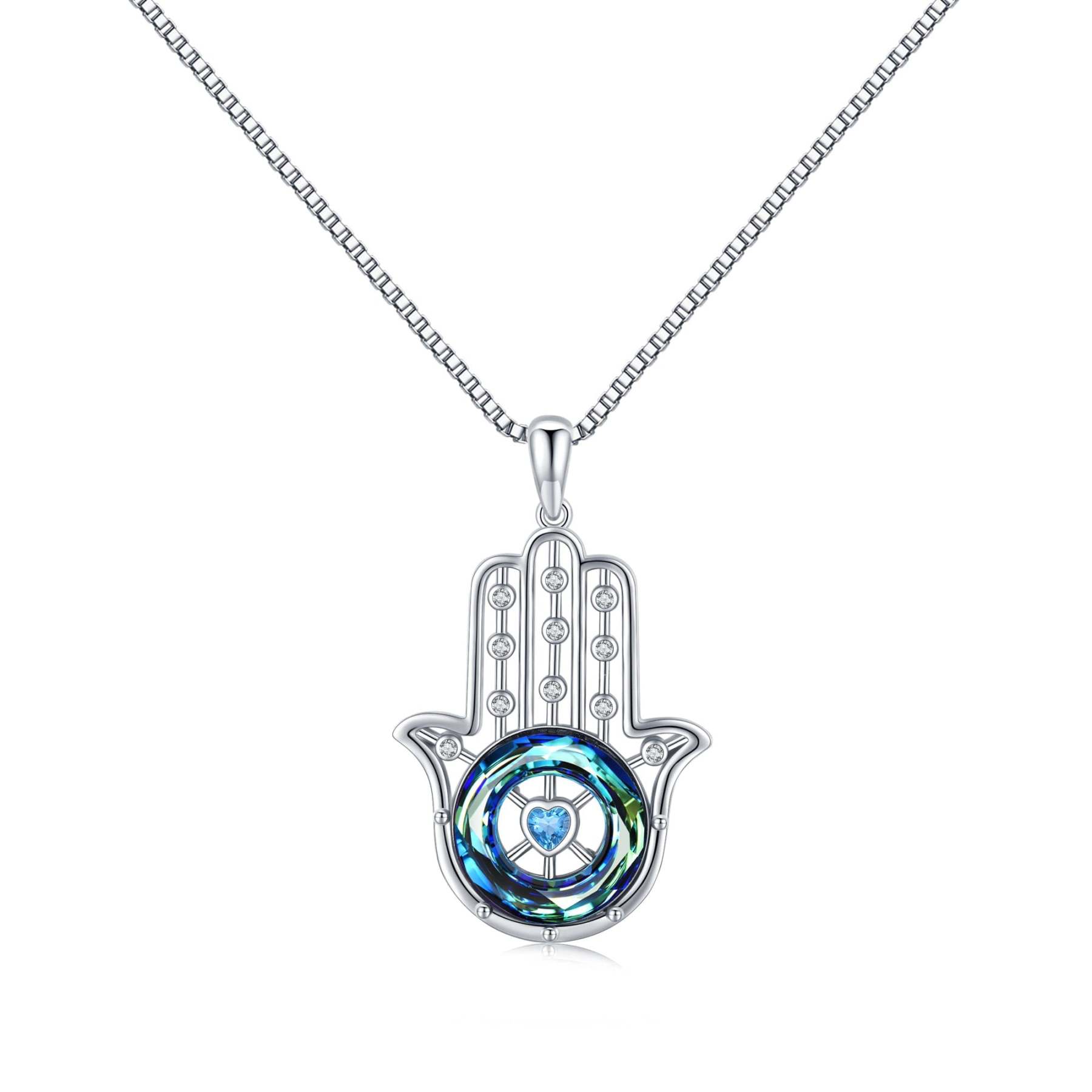S925 You Always be Protected Blue Crystal Hamsa Hand Necklace
