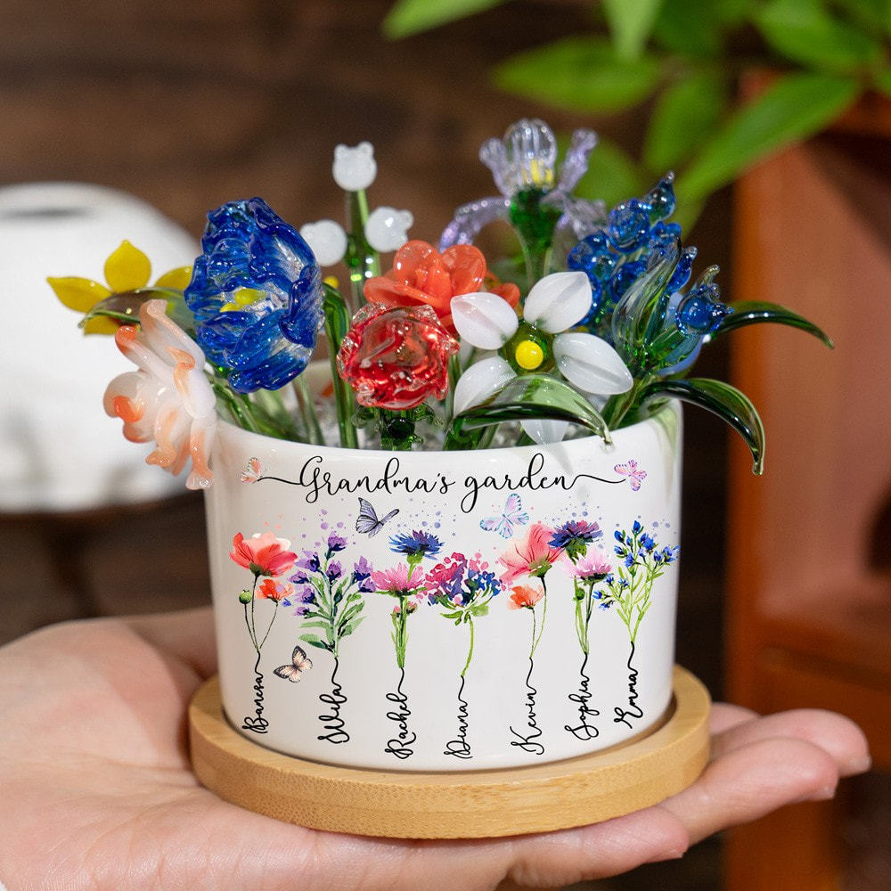 Custom Glass Birth Month Flower with Custom Flower Pot Mother's Day Gift
