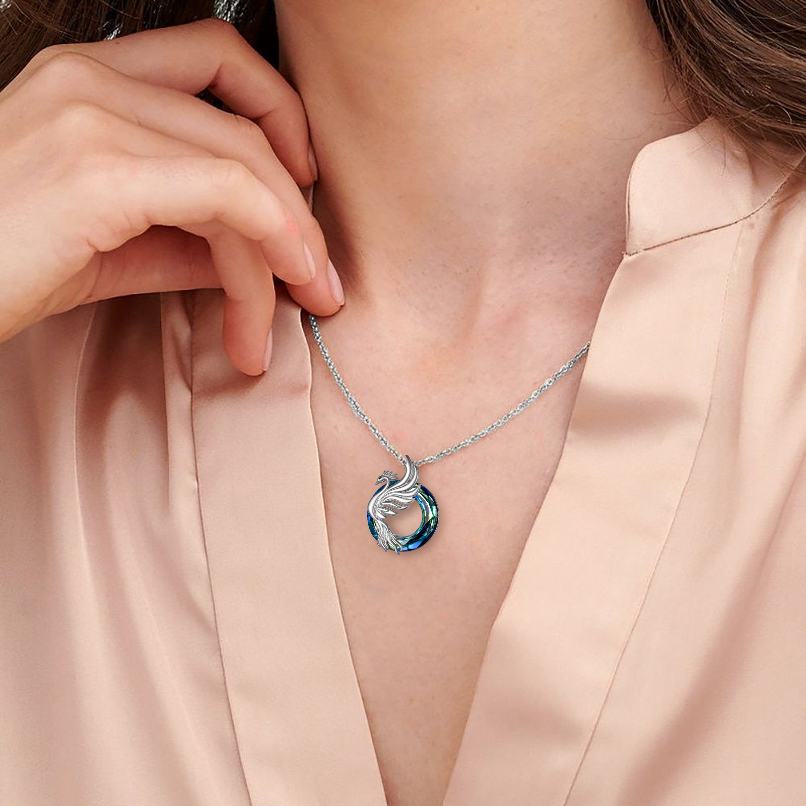 S925 You are A Fighter Sterling Silver Blue Crystal Phoenix Necklace
