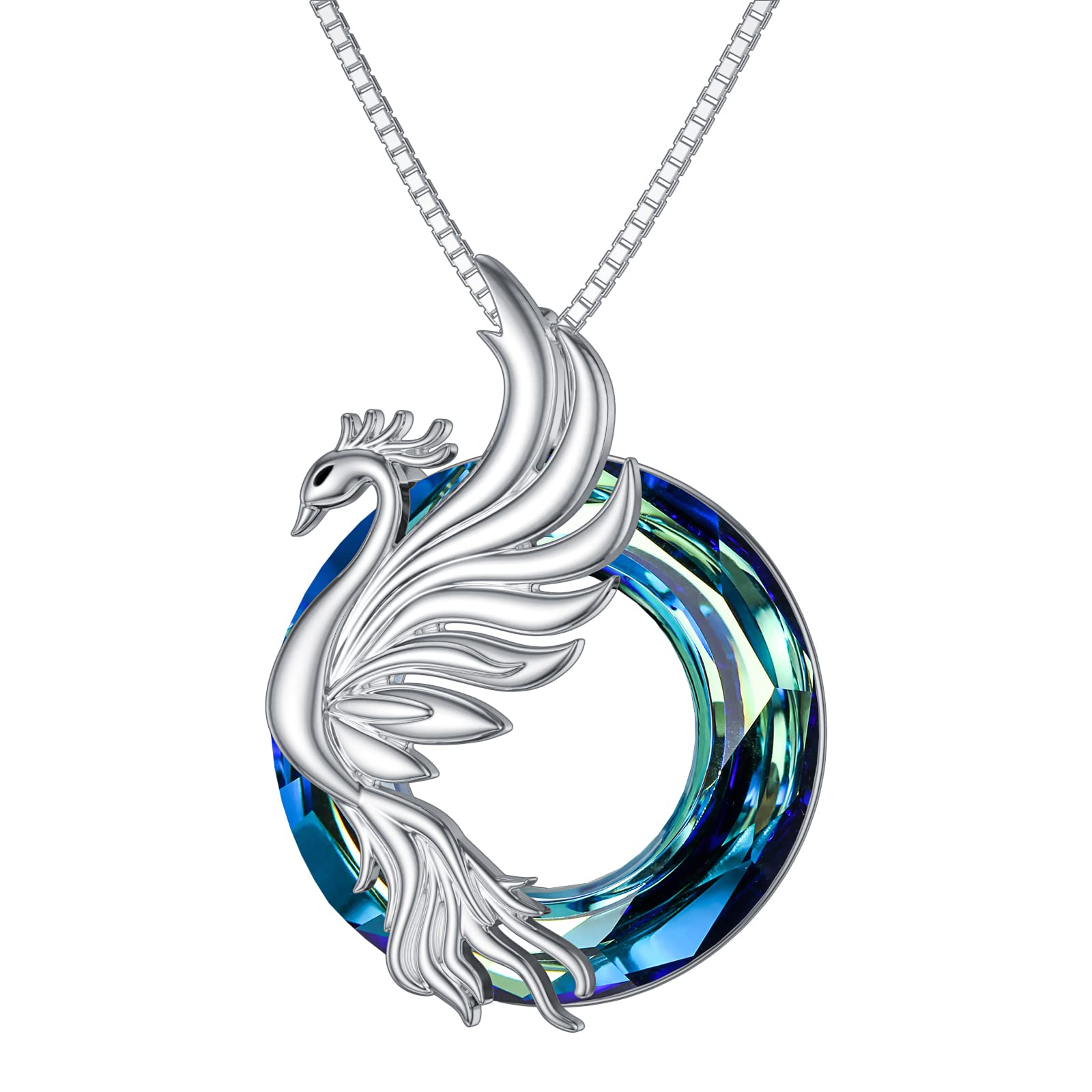 S925 You are A Fighter Sterling Silver Blue Crystal Phoenix Necklace