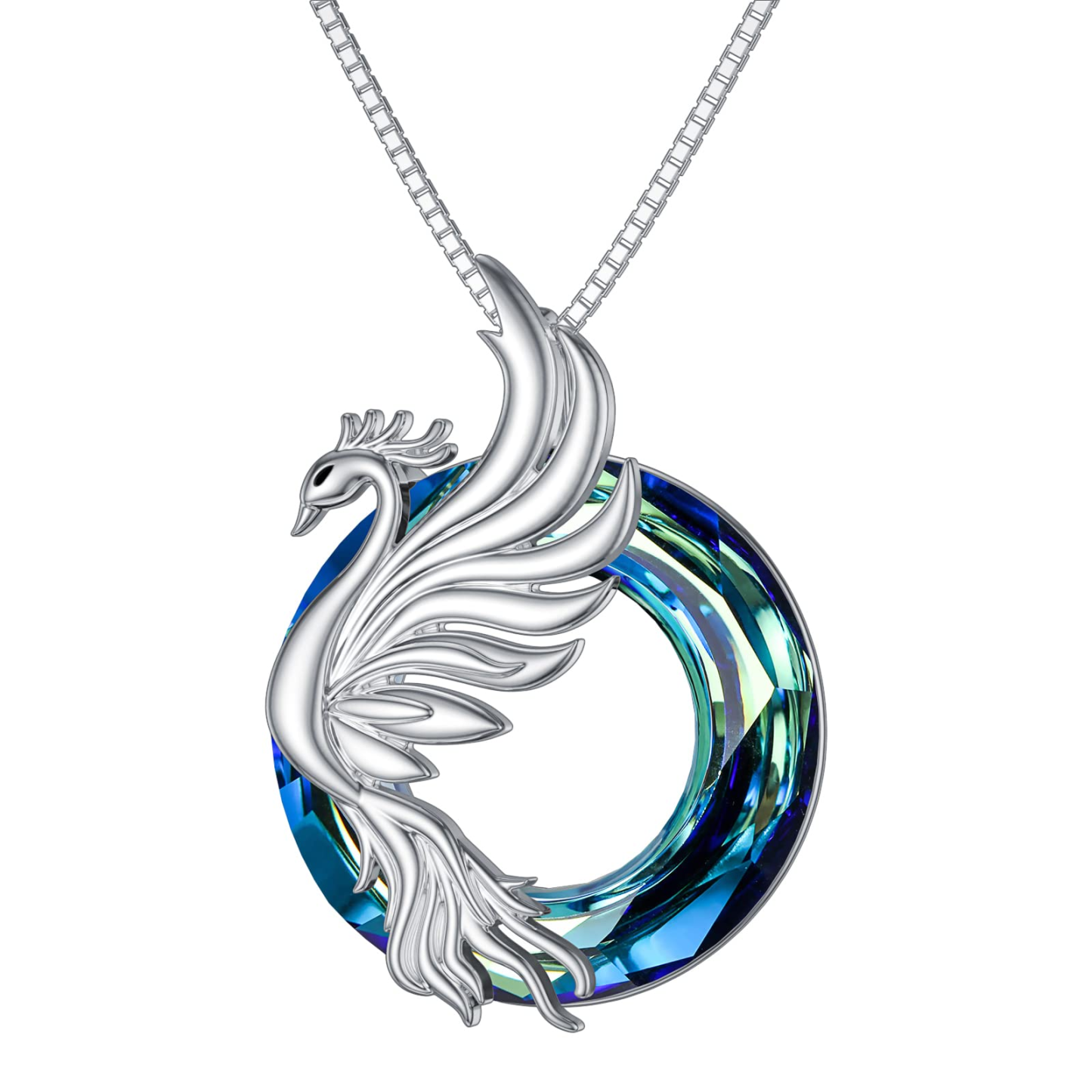 S925 You are A Fighter Sterling Silver Blue Crystal Phoenix Necklace