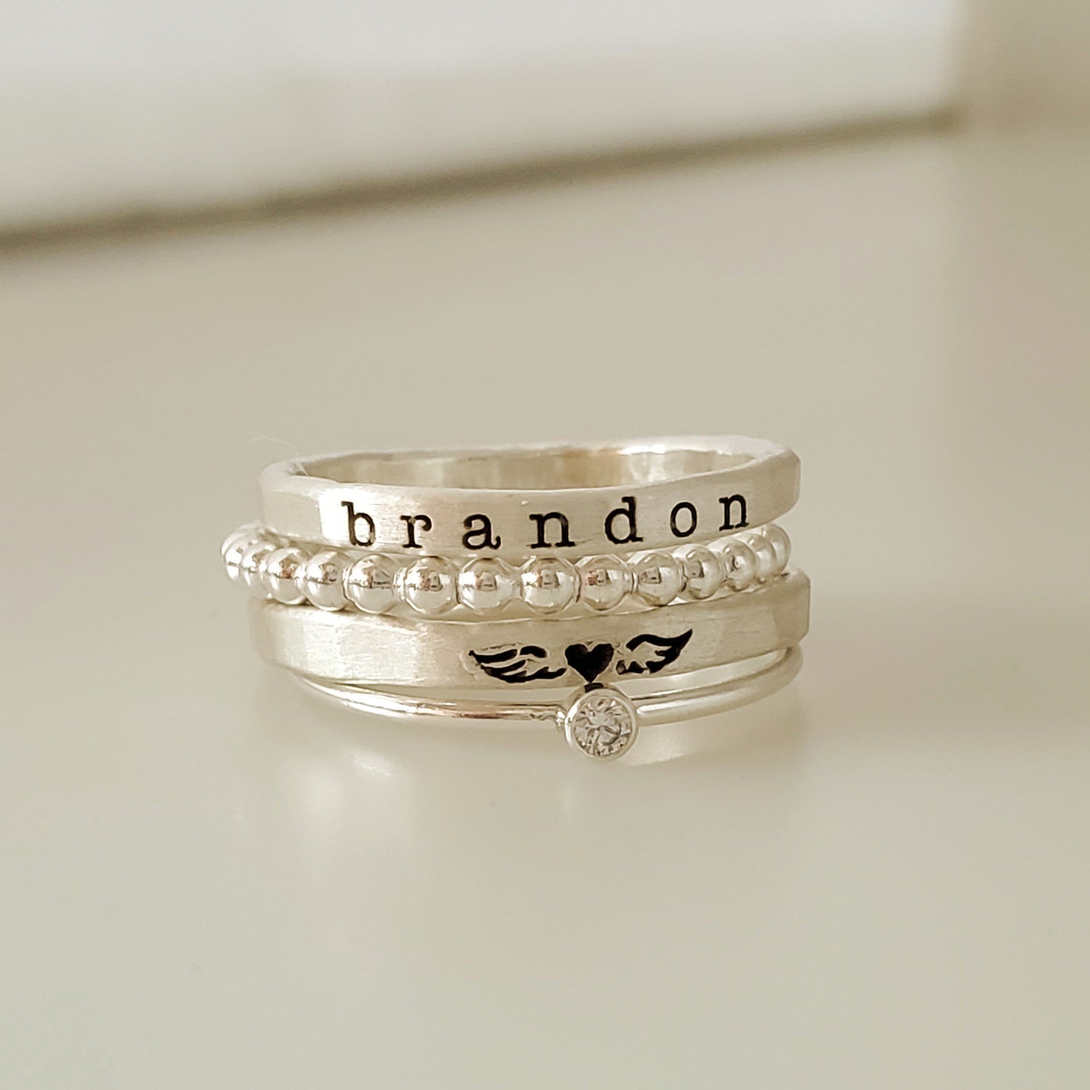 For Memorial - S925 Mama Of An Angel Custom Name Stacked Ring - 4 Rings Set