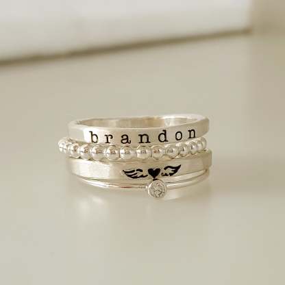 For Memorial - S925 Mama Of An Angel Custom Name Stacked Ring - 4 Rings Set