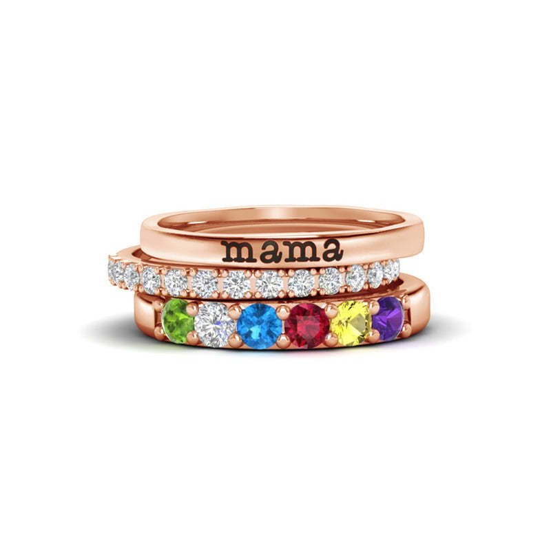 For Mother - S925 Mama And Kids' Birthstones Personalized Stackable Ring - 3 Rings Set