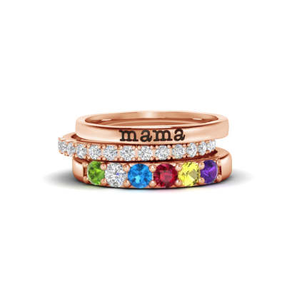 For Mother - S925 Mama And Kids' Birthstones Personalized Stackable Ring - 3 Rings Set