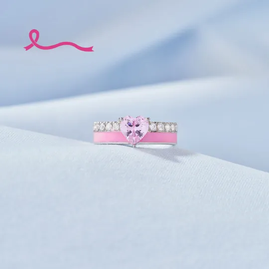 S925 Raise Confidence I Am Enough Pink Enamel Heart Ring