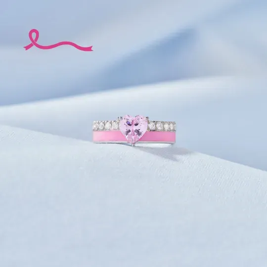 S925 Raise Confidence I Am Enough Pink Enamel Heart Ring