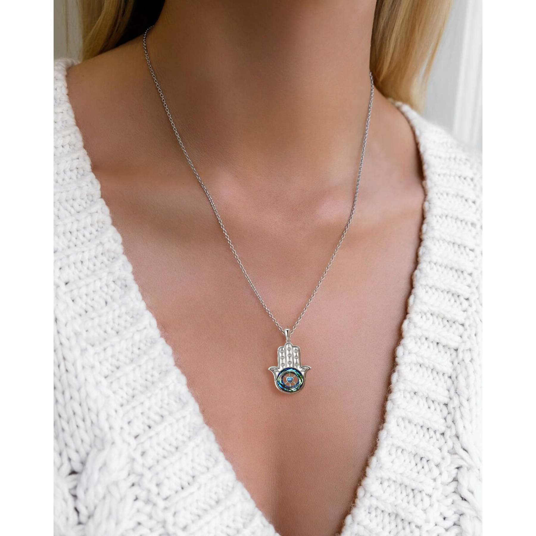 S925 You Always be Protected Blue Crystal Hamsa Hand Necklace