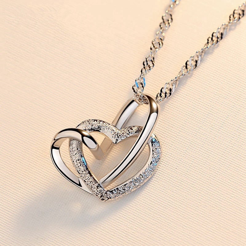 S925 Mother & Daughter Forever Linked Together Silver Double Heart Necklace