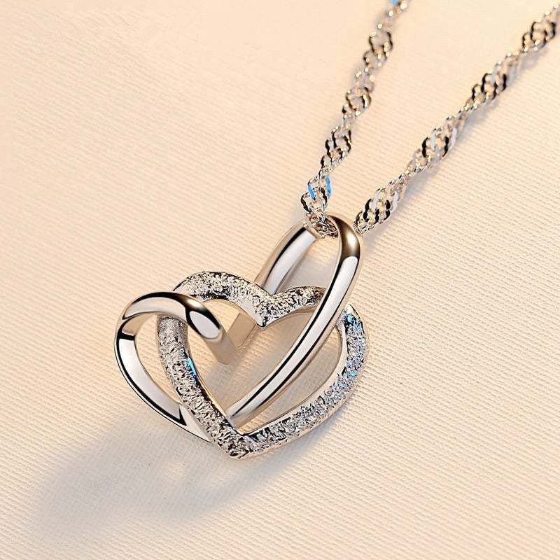 S925 Mother & Daughter Forever Linked Together Silver Double Heart Necklace