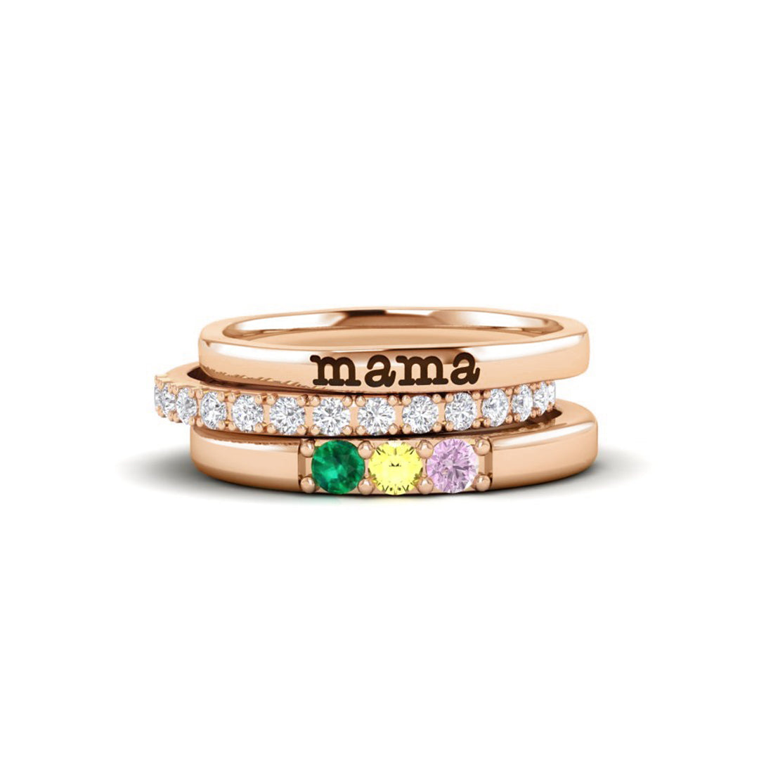 For Mother - S925 Mama And Kids' Birthstones Personalized Stackable Ring - 3 Rings Set
