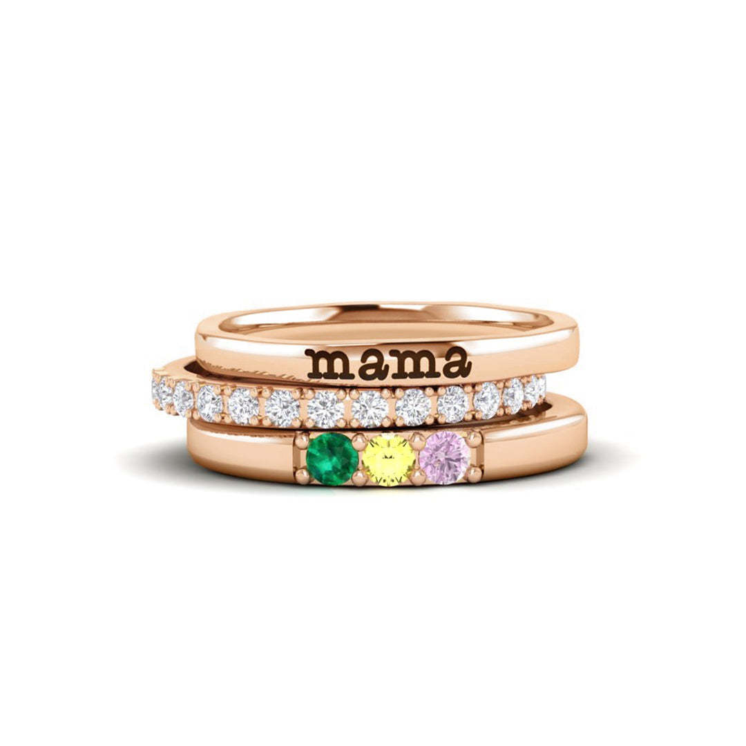 For Mother - S925 Mama And Kids' Birthstones Personalized Stackable Ring - 3 Rings Set