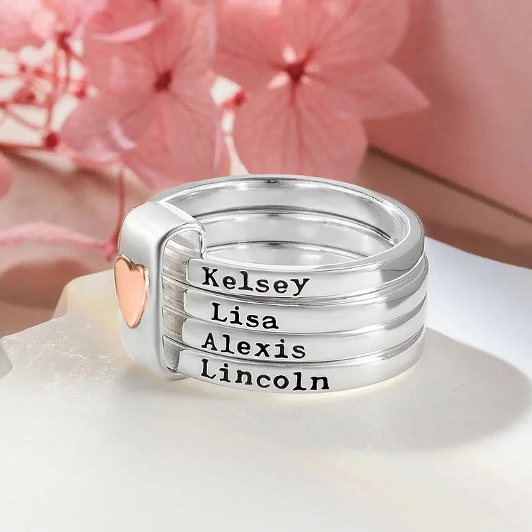 🎁Gift For Mother/Grandmother - Personalized 2-5 Names Heart Stacked Ring