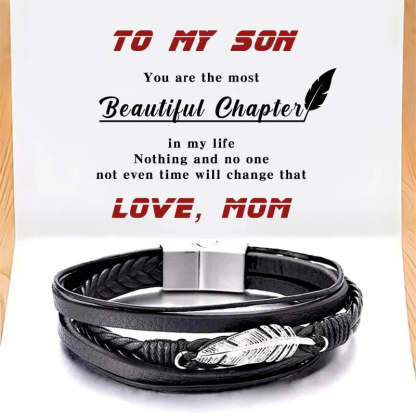 For Son - I Will Always Be With You Feather Leather Bracelet