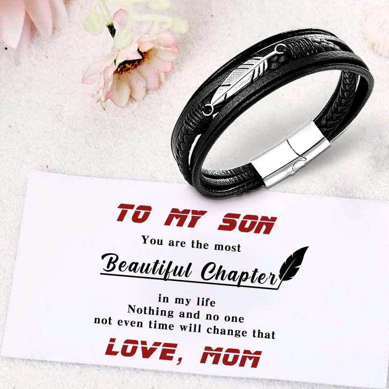 For Son - I Will Always Be With You Feather Leather Bracelet