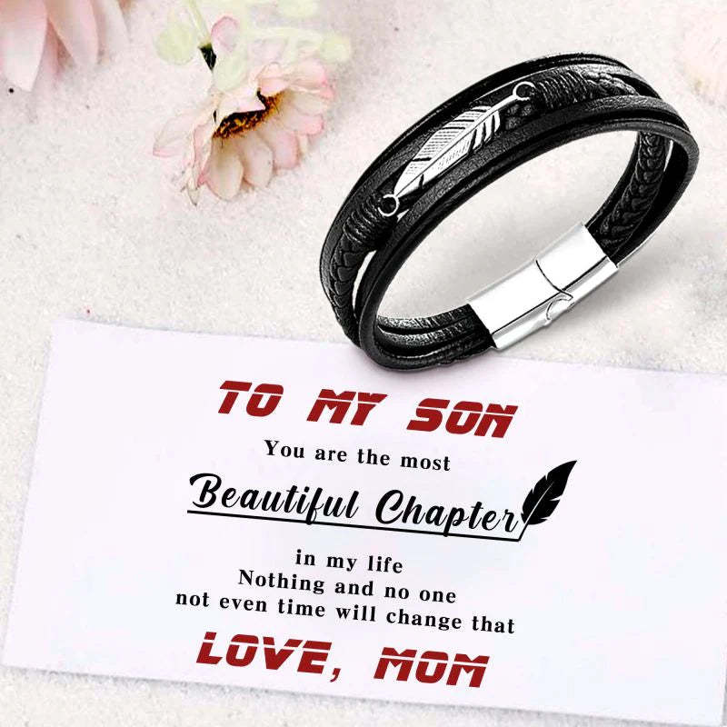 For Son - I Will Always Be With You Feather Leather Bracelet