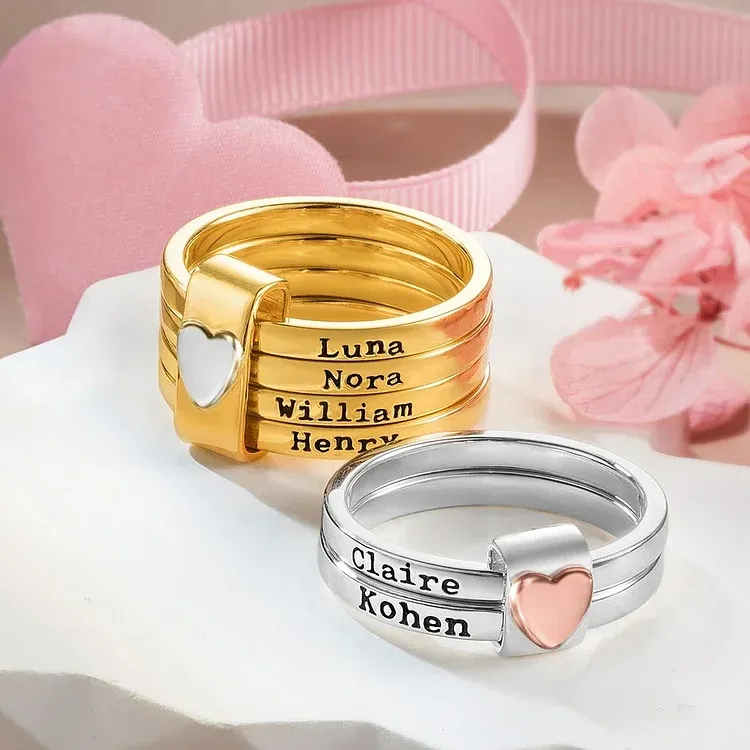🎁Gift For Mother/Grandmother - Personalized 2-5 Names Heart Stacked Ring