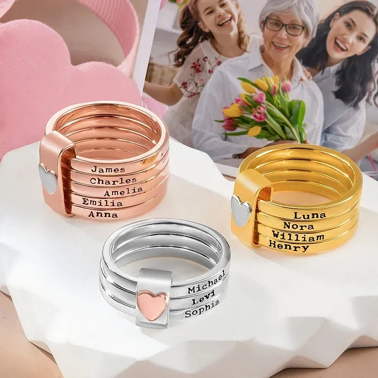 🎁Gift For Mother/Grandmother - Personalized 2-5 Names Heart Stacked Ring