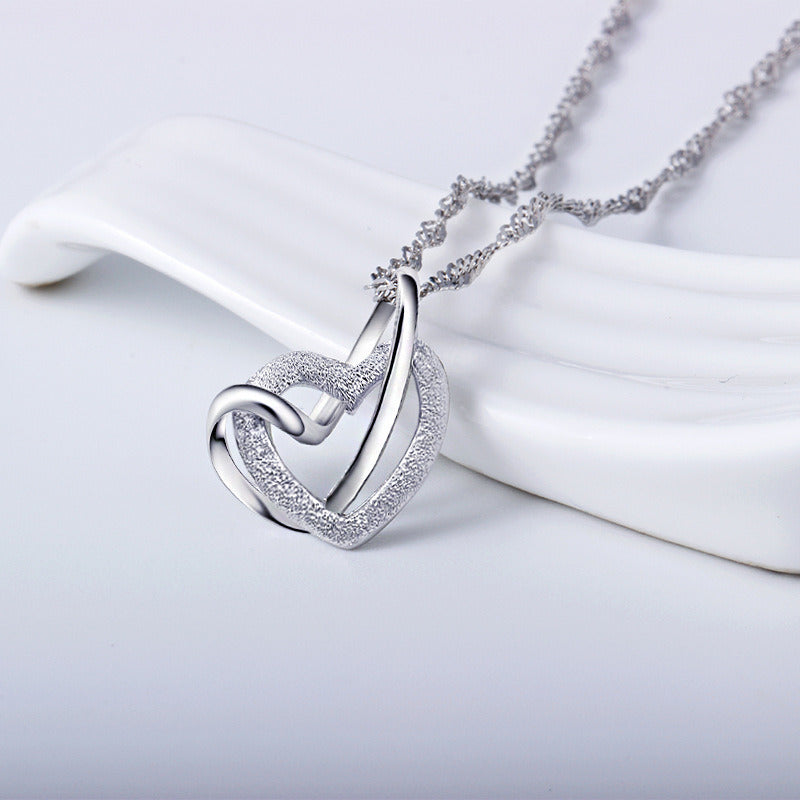 S925 Mother & Daughter Forever Linked Together Silver Double Heart Necklace