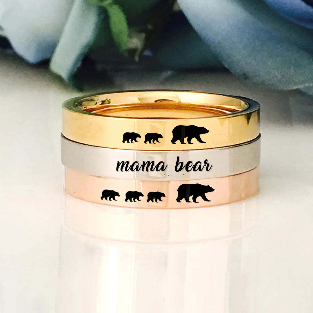 For Mother - S925 You Are the Best Mama Bear in the World Mama Bear Stacked  Ring - 2 Rings Set