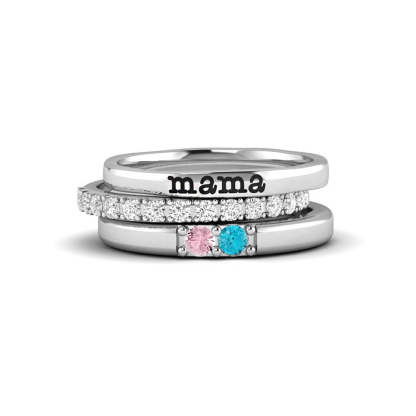 For Mother - S925 Mama And Kids' Birthstones Personalized Stackable Ring - 3 Rings Set