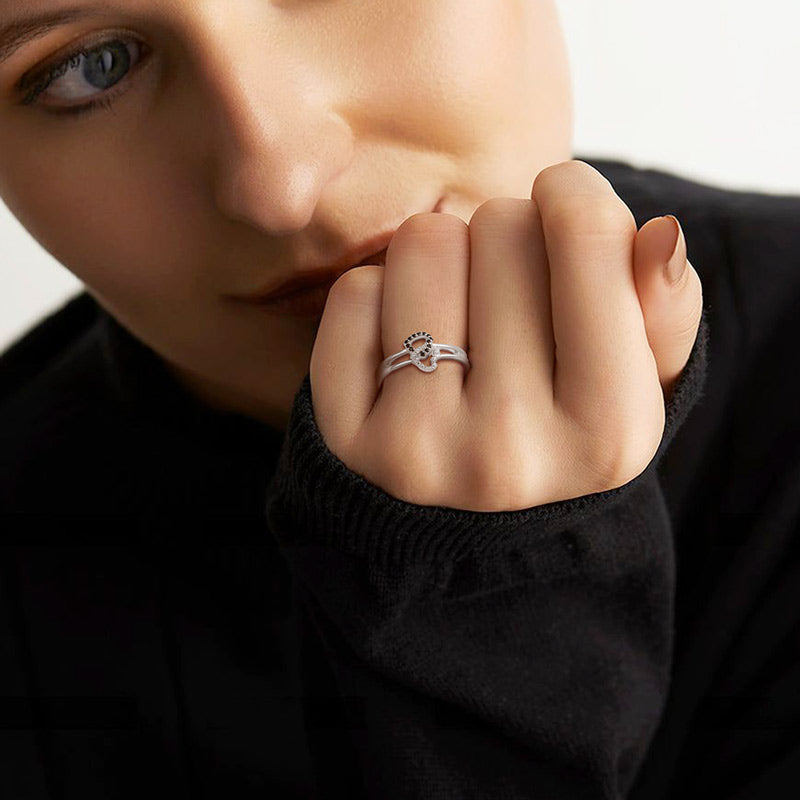 For Couples - S925 We're A Team A Bond That Can't Be Broken Black Diamond Double Heart Ring