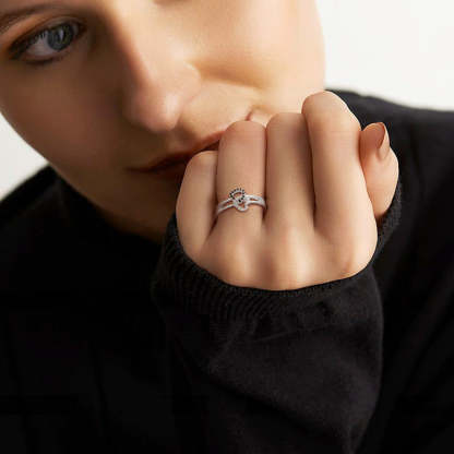 For Couples - S925 We're A Team A Bond That Can't Be Broken Black Diamond Double Heart Ring