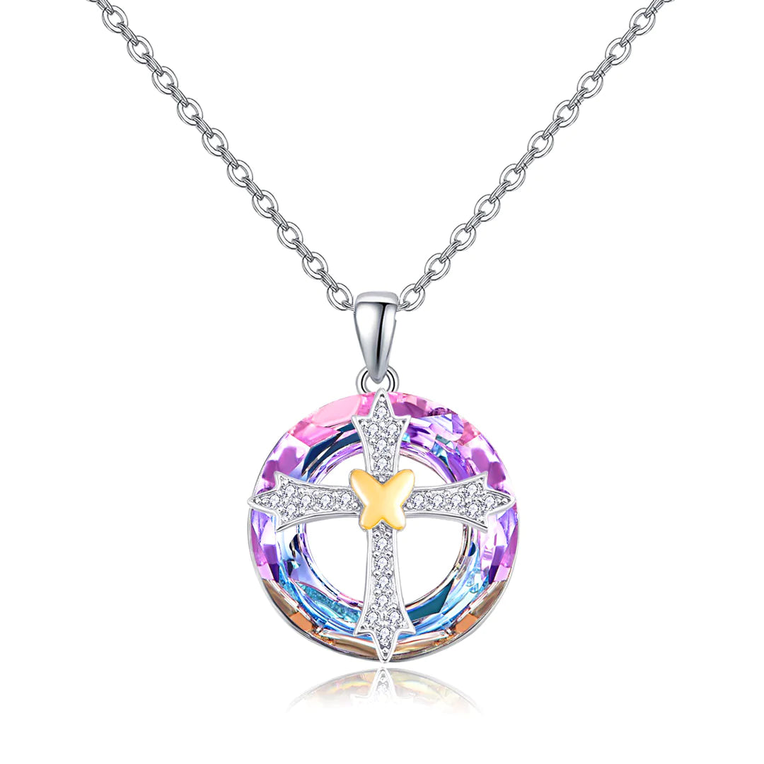 For Friend - S925 Sisters in Christ are Sisters for Life Crystal Love Cross Necklace