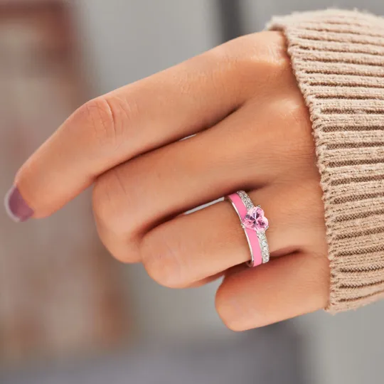 S925 Raise Confidence I Am Enough Pink Enamel Heart Ring