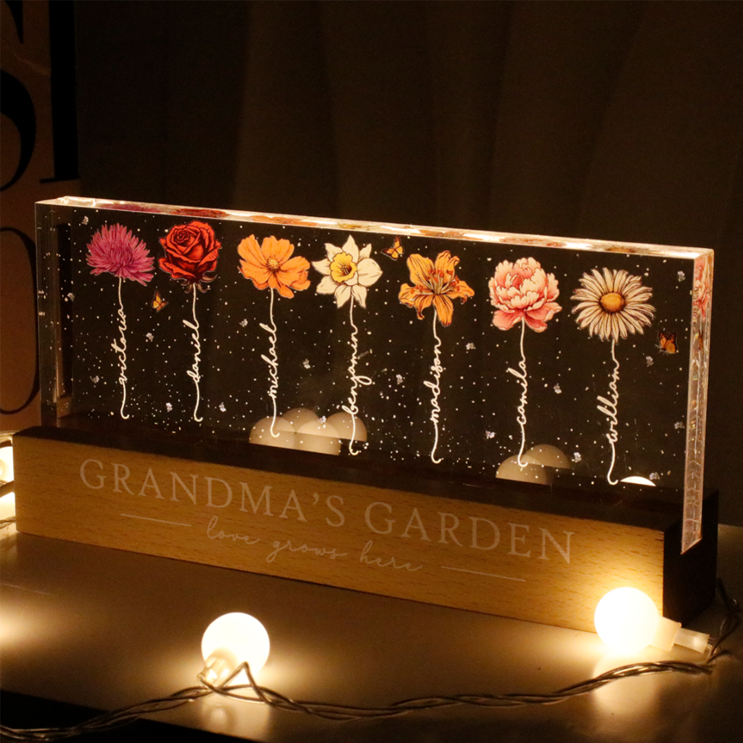 Grandma‘s Garden Birth Month Flowers Personalized Acrylic Block LED Night Light,  Perfect Gift for Grandma, Mom, Auntie, or Sister