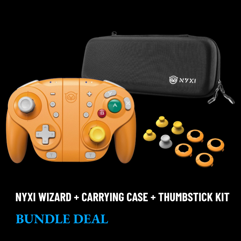NYXI Wizard Spice Orange Style Wireless Joy-pad With Carrying Case + Thumbstick Kit Bundle