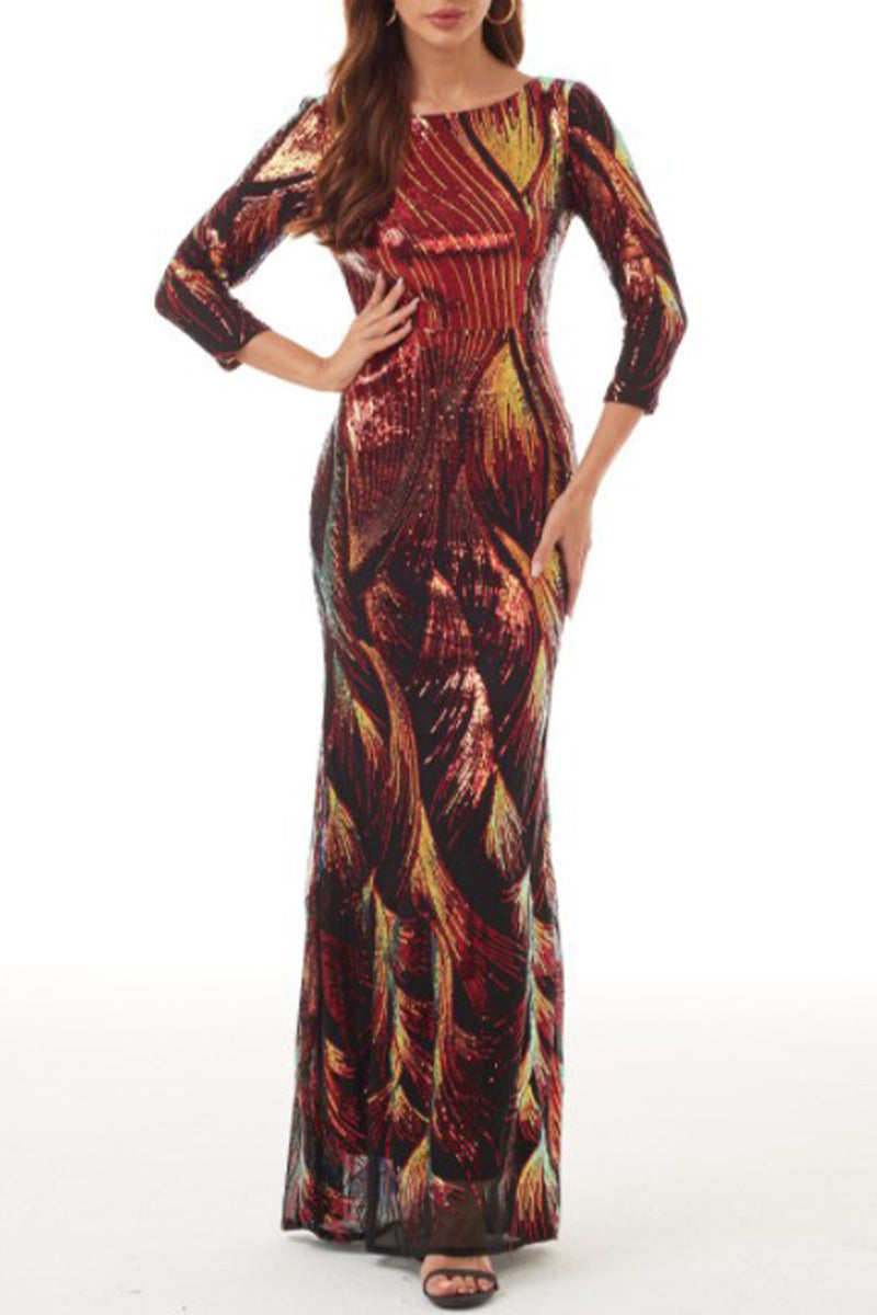 Elegant College Color Block Sequins Patchwork O Neck Evening Dress