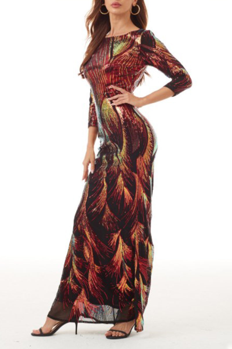 Elegant College Color Block Sequins Patchwork O Neck Evening Dress