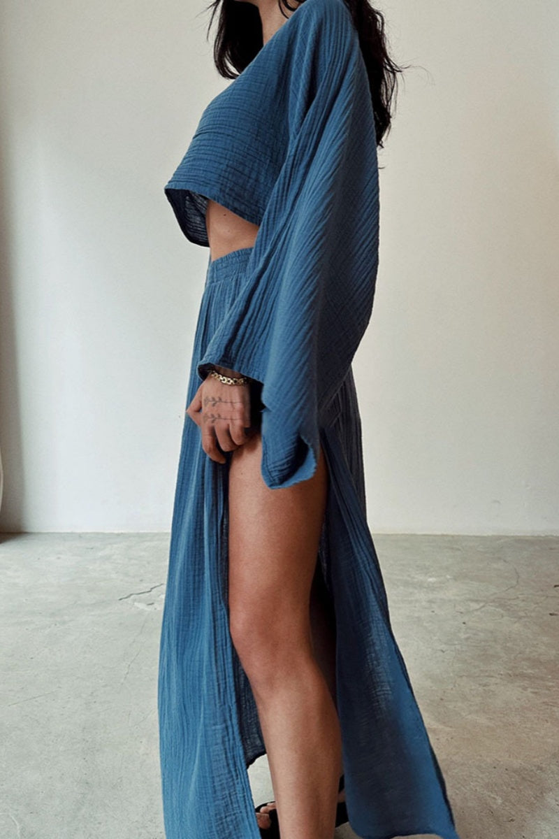 Casual Solid Slit O Neck Long Sleeve Two Pieces