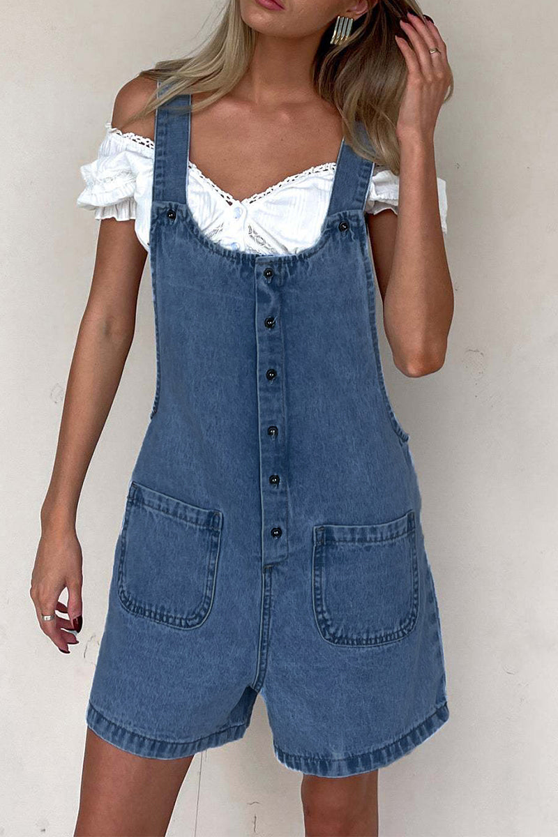 Casual Pocket Buttons U Neck Loose Denim Rompers