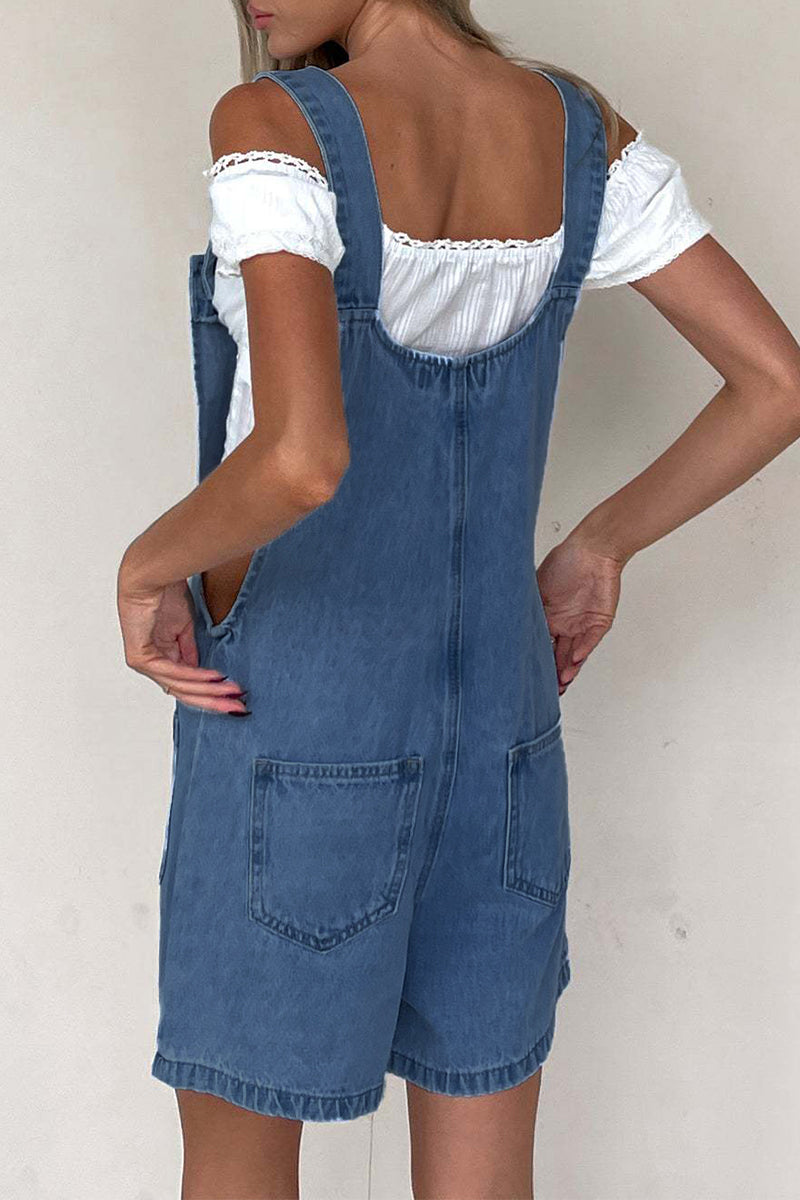 Casual Pocket Buttons U Neck Loose Denim Rompers