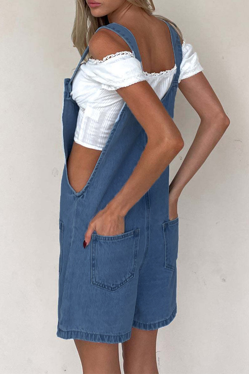 Casual Pocket Buttons U Neck Loose Denim Rompers