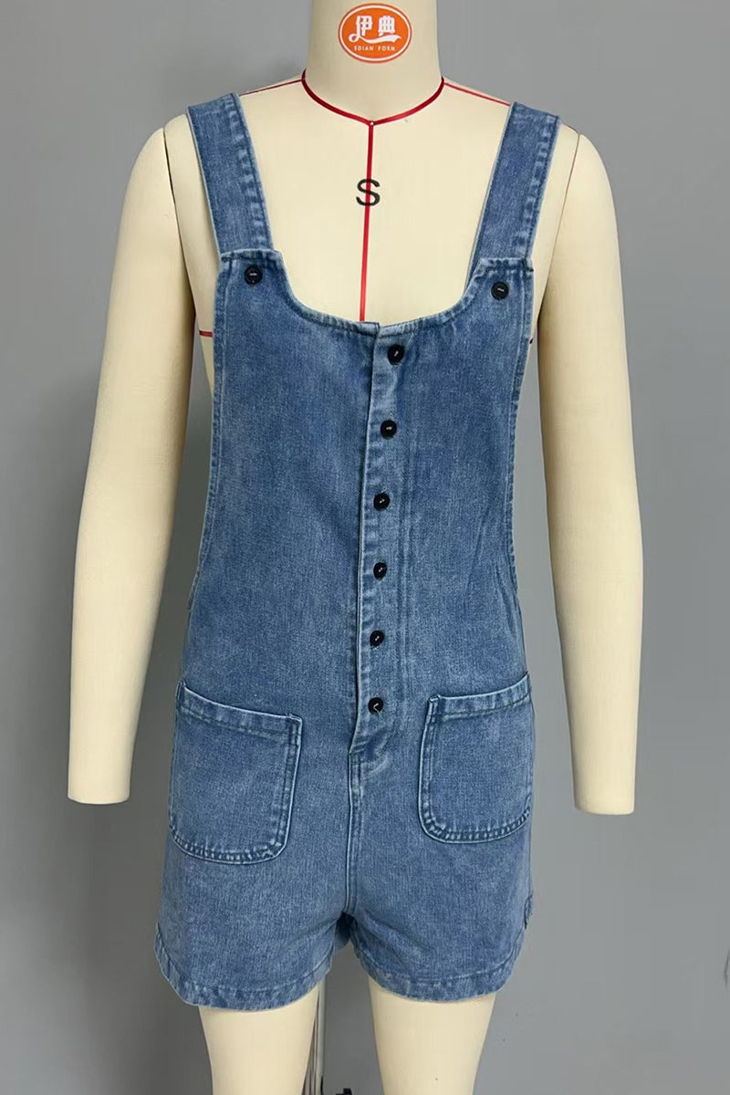 Casual Pocket Buttons U Neck Loose Denim Rompers