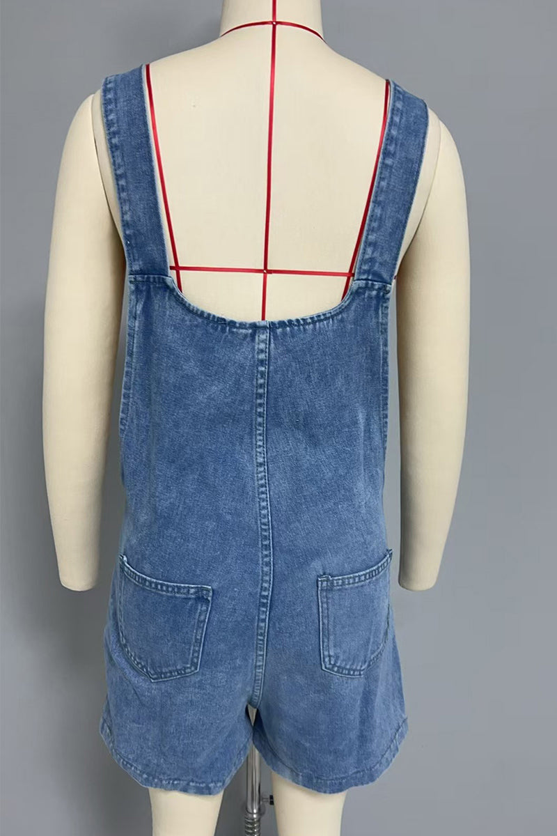 Casual Pocket Buttons U Neck Loose Denim Rompers