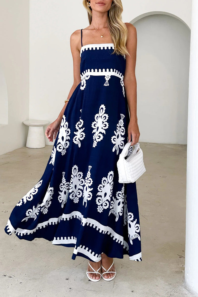 Vacation Geometric Print Pocket Contrast Square Neck Sling Dresses