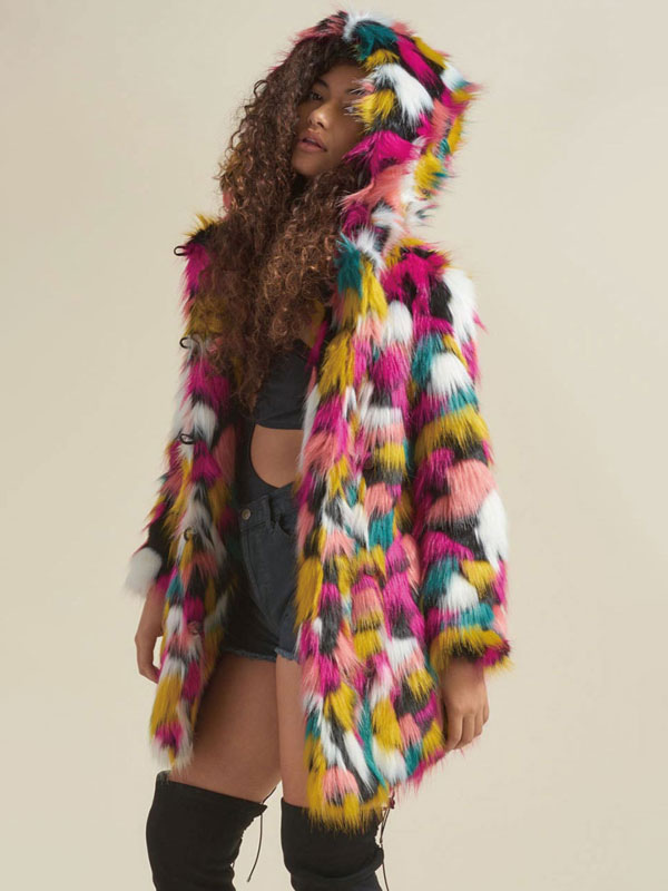 Plush Faux Fur Coat Hooded Winter Midi Outerwear For Women