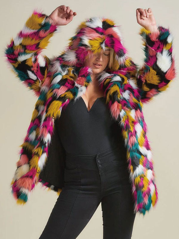 Plush Faux Fur Coat Hooded Winter Midi Outerwear For Women