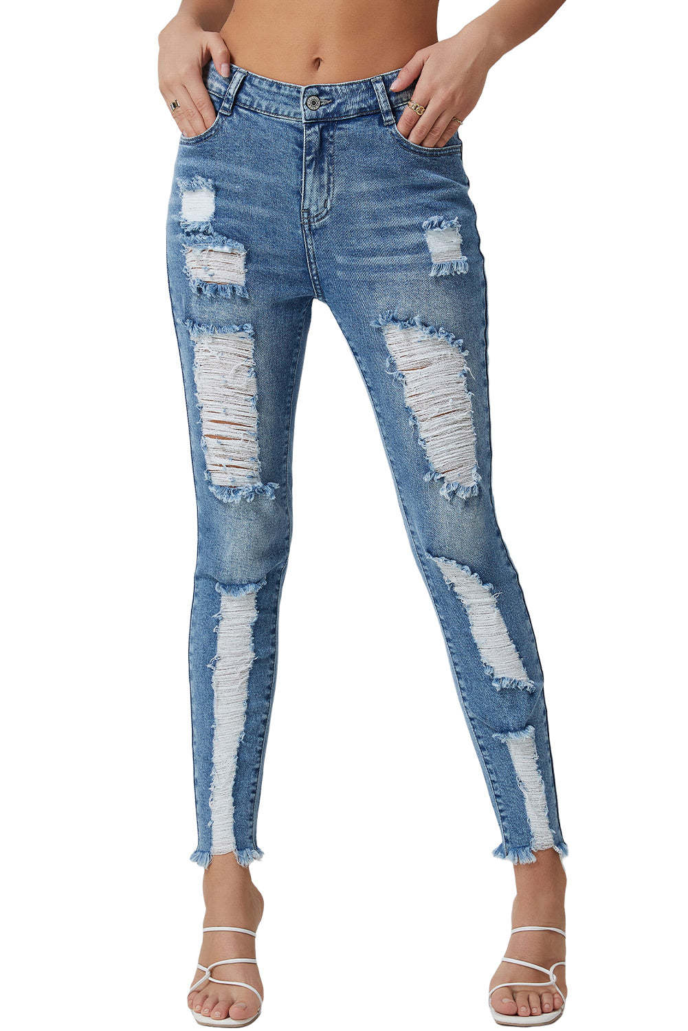 Pre-Order Sky Blue Distressed Raw Hem Buttoned Jeans