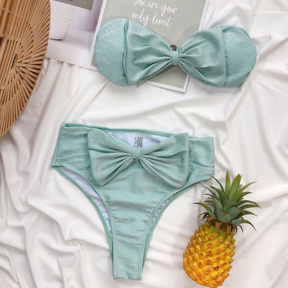 Glitter Oversized Bowknot High Waist Bandeau Brazilian Two Piece Bikini Swimsuit