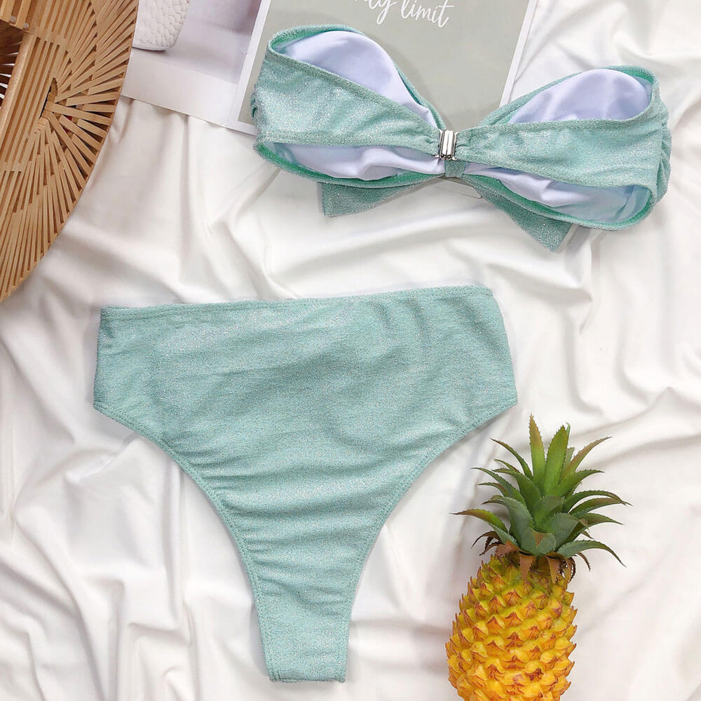 Glitter Oversized Bowknot High Waist Bandeau Brazilian Two Piece Bikini Swimsuit
