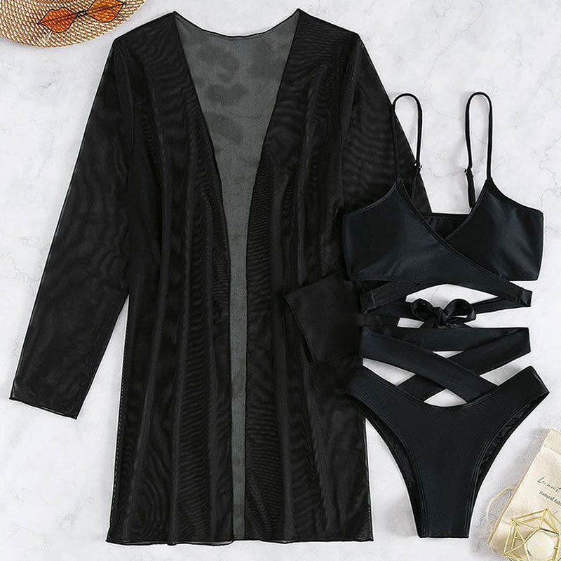 Sexy High Leg Cheeky Cutout Wrap Around Brazilian Three Piece Bikini Swimsuit