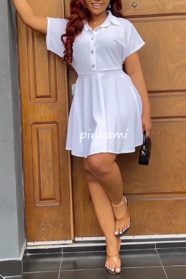 Temperament Solid Color Short Sleeve Shirt Collar A-Line Mini Dress