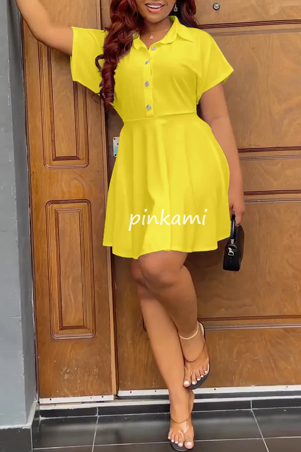 Temperament Solid Color Short Sleeve Shirt Collar A-Line Mini Dress