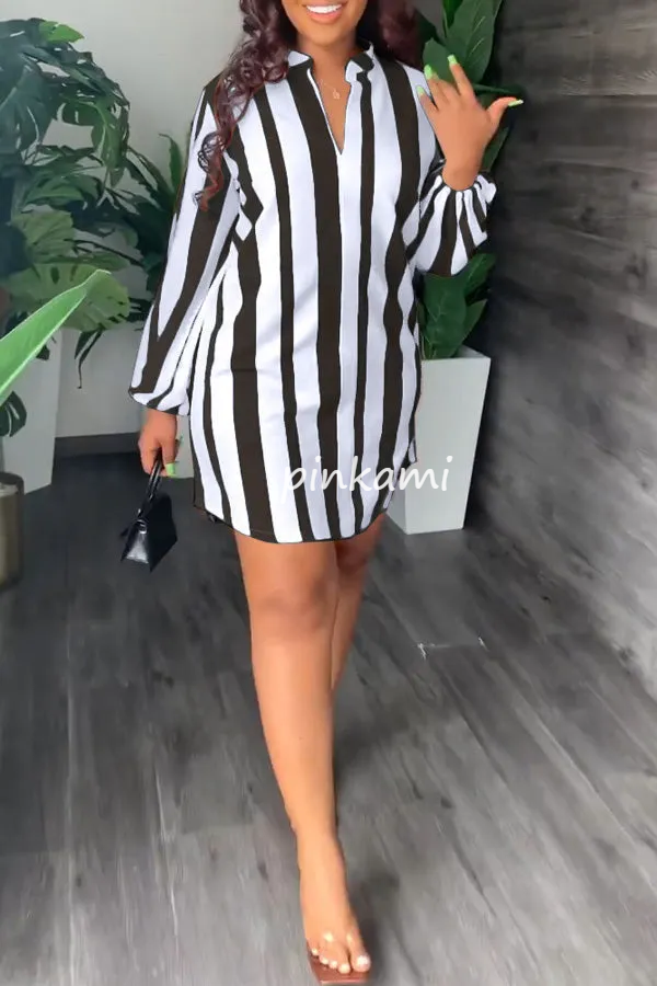 Fashion Stripe Print V-Neck Casual Dress with Belt