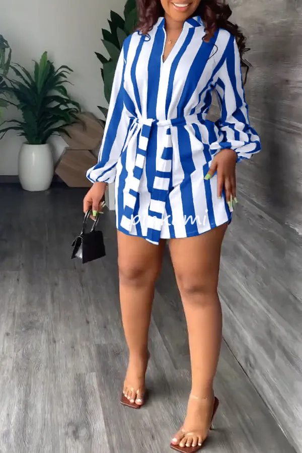Fashion Stripe Print V-Neck Casual Dress with Belt